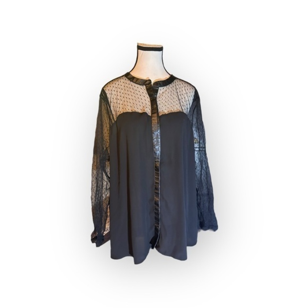 Women’s reitmans 2X Polka Dot Mesh Long Sleeve Button Down with Faux Leather Hem